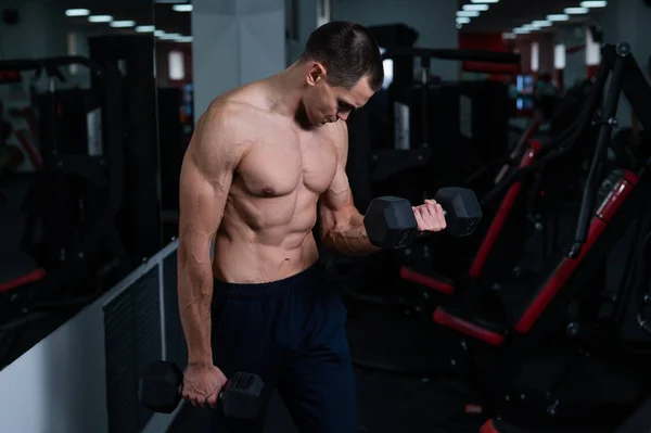 Homme Torse Faisant Des Exercices Biceps Avec Haltères Dans Salle — Photo