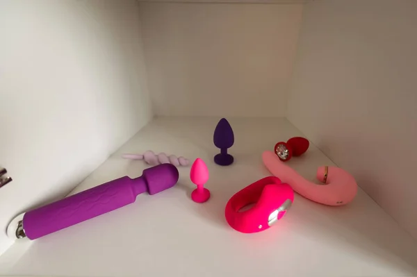Lots Different Vibrators Closet Personal Collection Sex Toys — Stock Photo, Image