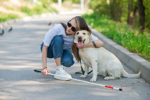 Τυφλή Νεαρή Γυναίκα Αγκαλιάζει Σκύλο Οδηγό Μια Βόλτα Στην Ύπαιθρο — Φωτογραφία Αρχείου