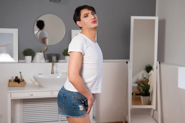 Man Wearing Makeup Transgender Posing Studio — Stockfoto