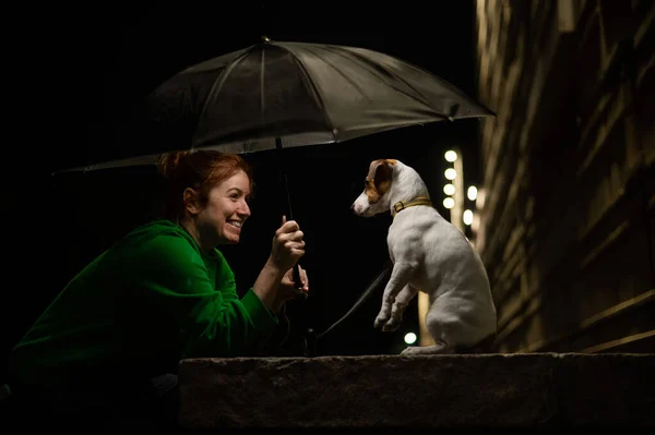 Rudowłosa Kobieta Pies Jack Russell Terrier Pod Parasolem Ciemności — Zdjęcie stockowe