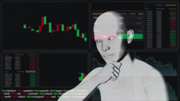 Vykreslení Bílý Robot Studující Skladové Grafy Virtuální Obrazovce — Stock video