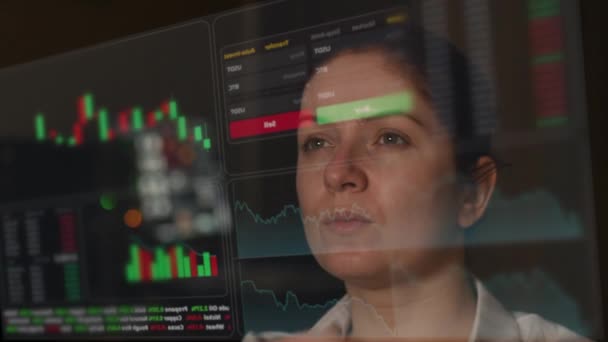 Woman Looking Hud Menu Stock Charts Broker Terminal — Stock Video