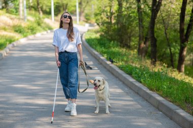 Kör kadın parkta rehber köpekle yürüyor.