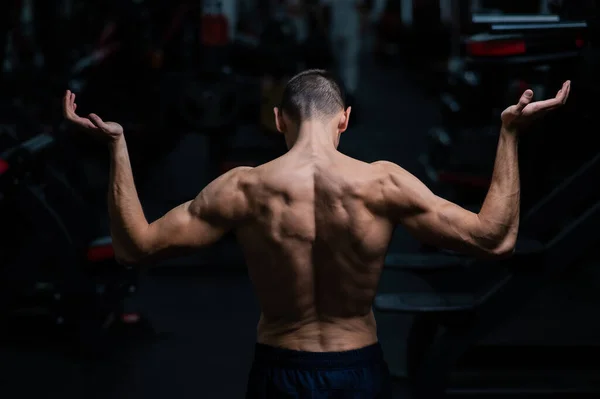 Back View Shirtless Man Sculpted Body Gym — Fotografia de Stock