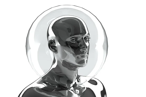白い背景に男性の銀胴の3Dイラスト セキュリティバブル中の金属マネキン — ストック写真