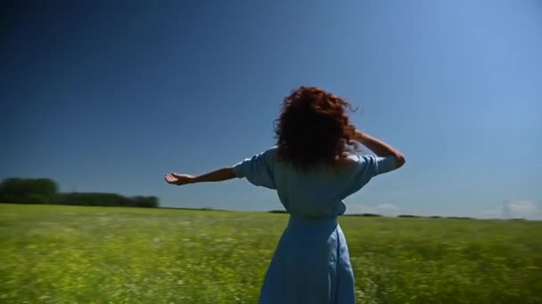 Белая Молодая Женщина Синем Платье Танцует Поле Видео 360 Градусов — стоковое видео