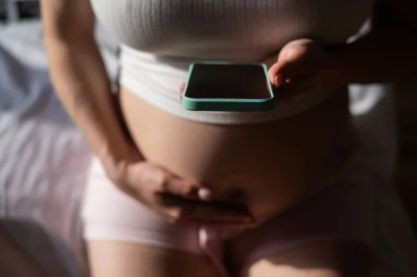 Hamile Bir Kadın Yatakta Otururken Akıllı Telefon Kullanır Hamile Bir — Stok fotoğraf