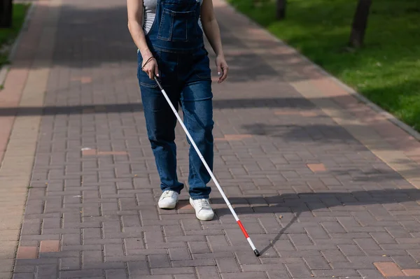 Faceless Blind Pregnant Woman Walks Street Cane — Stock Photo, Image
