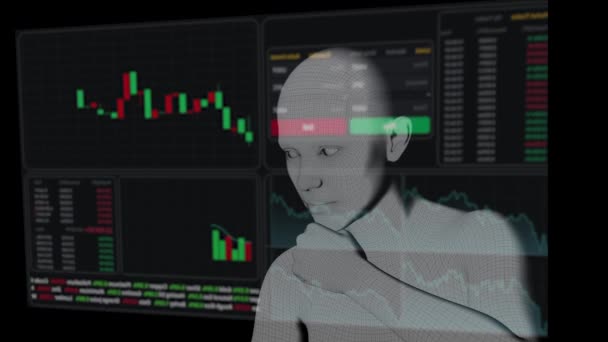 Vykreslení Bílý Robot Studující Skladové Grafy Virtuální Obrazovce — Stock video
