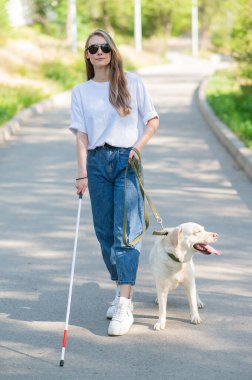 Kör kadın parkta rehber köpekle yürüyor.