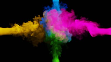 Çok renkli duman kümeleri siyah arka planda dört taraftan çarpışıyor. 3d illüstrasyon