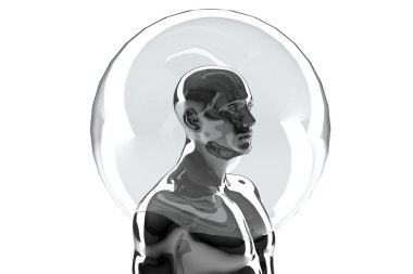 Beyaz arka planda erkek gümüş bir gövdenin üç boyutlu çizimi. Güvenlik baloncuğunda metal manken