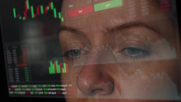 Zbliżenie Kobiecych Oczu Patrzących Menu Hud Wykresy Akcji Terminal Maklerski — Wideo stockowe