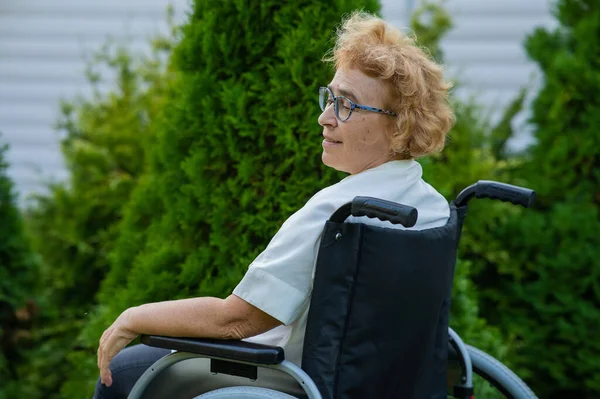 快乐的老年妇女坐在轮椅上散步 — 图库照片