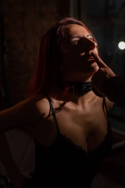 Bdsm Portrait Red Haired Woman Shackles Kneeling Licking Fingers Man — Photo