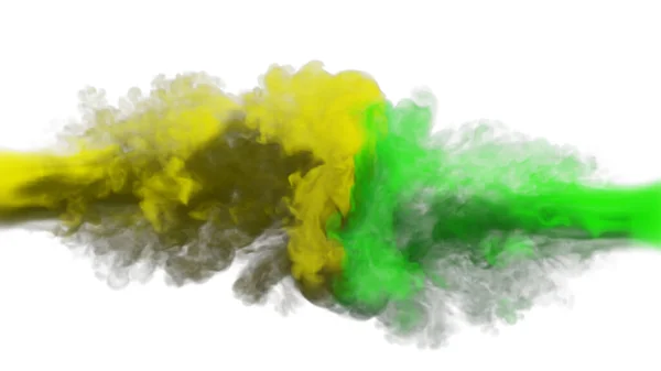 黄色と緑色の煙のパフが白い背景に衝突する 3Dイラスト — ストック写真