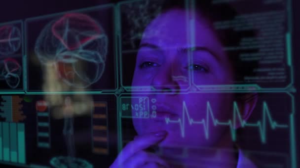 Caucasian Woman Looking Virtual Menu Medical Screen Human Brain Research — Stock Video
