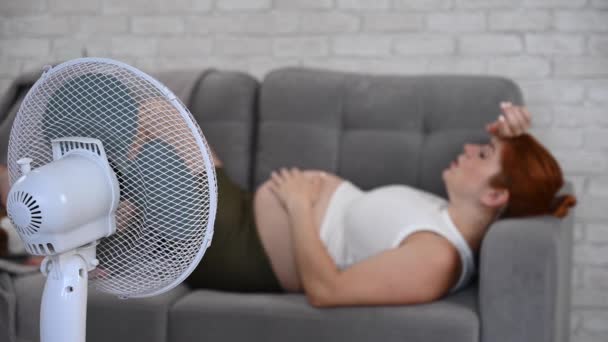 妊娠中の女性は熱に苦しみ 電気ファンの近くのソファーに横たわっています — ストック動画
