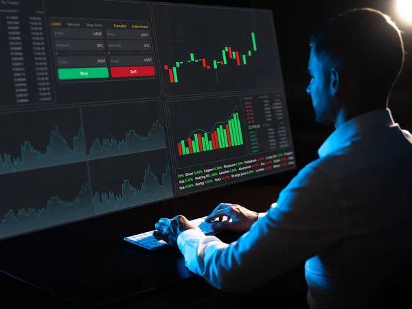 Caucasian Man Sits Dark Front Virtual Screen Stock Exchange Charts — Stock Photo, Image