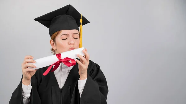 Happy Woman Graduation Gown Kissing Received Diploma — Stock Photo, Image