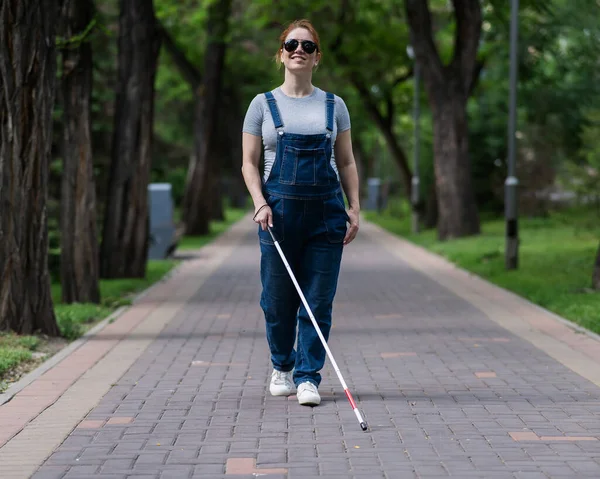 Blind Pregnant Woman Walking Park Cane — Stock Photo, Image