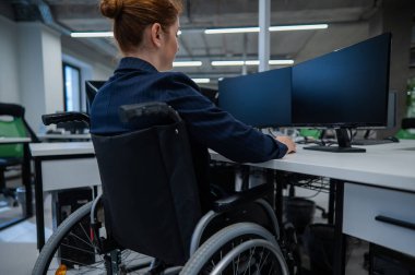 Caucasian woman in wheelchair at work desk