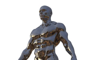 3 boyutlu görüntüleme. Beyaz arka planda çıplak bir atletin altın gövdesi.