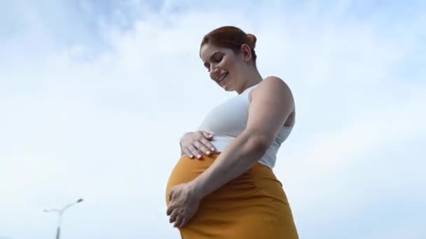 Video 360 Derece Mutlu Kafkasyalı Hamile Kadın Karnına Hafifçe Dokunuyor — Stok video