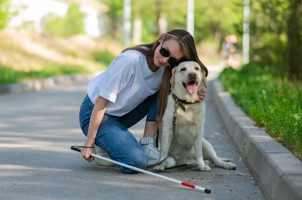 Dışarıda yürürken rehber köpeğe sarılan kör genç bir kadın.