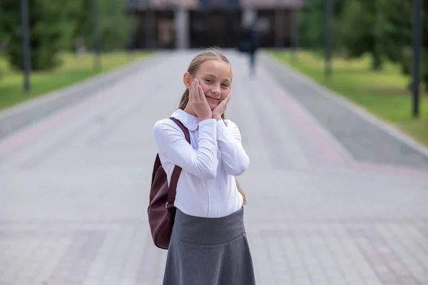 Caucasian Girl Uniform Backpack Goes School — Stock Photo, Image