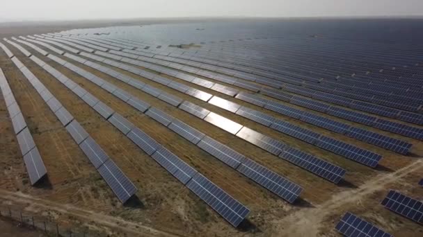太陽電池パネルの行の空中ビュー 四辺形からのビデオ — ストック動画