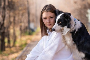 Siyah-beyaz sınır köpekleri sonbahar parkında yürürken patilerini sahiplerine uzatırlar.
