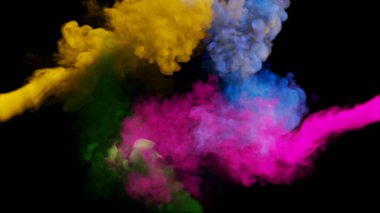 Çok renkli duman kümeleri siyah arka planda dört taraftan çarpışıyor. 3d illüstrasyon