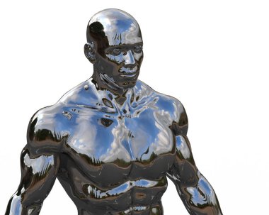 3 boyutlu görüntüleme. Beyaz arka planda çıplak bir sporcunun gümüş gövdesi.