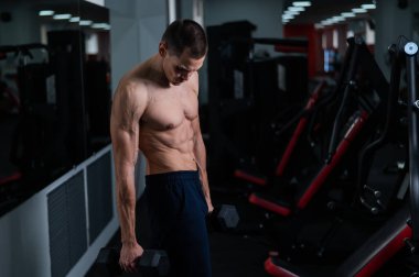 Shirtless man doing bicep exercises with dumbbells in the gym