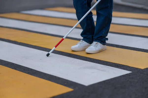 Close Legs Blind Woman Crossing Road Crosswalk Cane — Stock Photo, Image