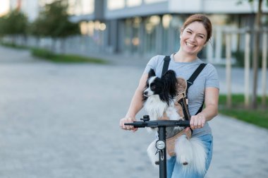 Bir kadın sırt çantasında bir köpekle elektrikli scooter kullanıyor. Pappilion Spaniel Continental askıda