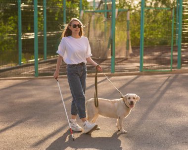 Kör kadın ile rehber köpek yürüyüş 