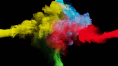 Çok renkli duman kümeleri siyah arka planda dört taraftan çarpışıyor. 3d illüstrasyon