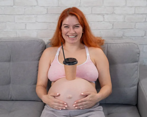 Pregnant Woman Drinks Coffee Her Belly While Sitting Couch Mug — Stock Photo, Image