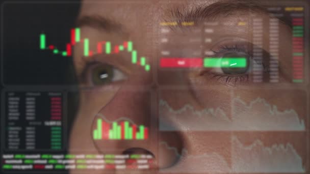 Close Female Eyes Looking Hud Menu Stock Charts Broker Terminal — Video Stock