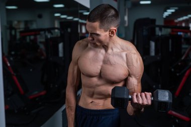 Shirtless man doing bicep exercises with dumbbells in the gym