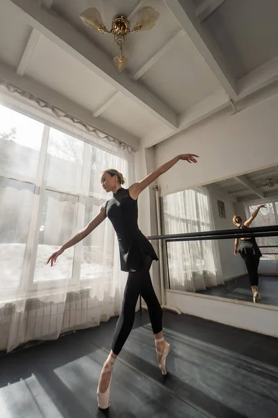 Seorang Balerina Asia Yang Cantik Berlatih Kelas Tari Foto Vertikal — Stok Foto
