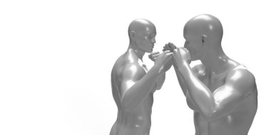 Beyaz arka planda iki boks tişörtsüz adamın 3D görüntüsü.