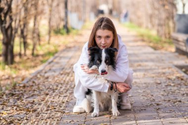 Sonbahar parkında sınır köpeğini kucaklayan beyaz bir kadın. Köpekli bir kızın portresi.
