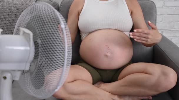 妊娠中の女性がソファに座って 彼女の腫瘍を打って 電気ファンから涼しい空気を楽しんでいます — ストック動画
