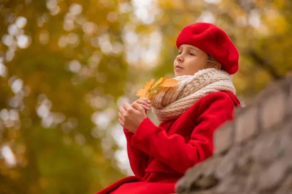 赤いコートとベレーの笑顔の白人少女は 秋の散歩にレンガの壁に座っています — ストック写真