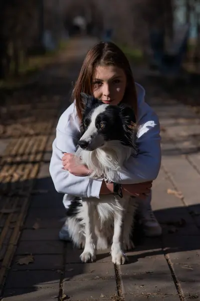 Vit Kvinna Kramar Gränscollie Höstparken Porträtt Flicka Med Hund — Stockfoto