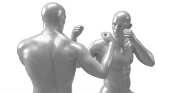 Beyaz arka planda iki boks tişörtsüz adamın 3D görüntüsü.